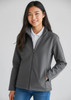 A grey Kids Apex Jacket featuring a front zip and a stand-up collar, modelled by a smiling young person.
