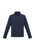 Navy men's soft shell jacket with a zip front and two side pockets, featuring a logo.