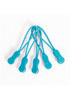 Five turquoise Zippies with flexible cords, designed as clothing accessories for securing or fastening items.