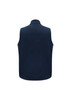 A navy men's vest with a high collar and no sleeves, featuring a logo on the back.