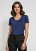 A navy women's chic top with short sleeves and gathered detail at the neckline, paired with black trousers.