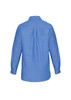 A women's long sleeve chambray shirt in light blue, featuring a button-up design and back pleat.