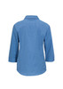 A women's blue micro check 3/4 sleeve button-up shirt, featuring a collar and a logo.
