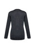 A dark grey women's Milano cardigan featuring long sleeves and a simple design, with a logo on the back.