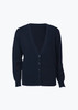 A women's woolmix cardigan in navy blue featuring a V-neck, button front, and two front pockets.