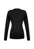 A black women's pullover sweater with long sleeves and a fitted silhouette, featuring a logo on the back.