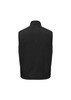 A unisex reversible fleece vest in black, featuring a simple design and a logo on the back.