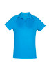 A women's short sleeve polo shirt in vibrant blue, featuring a collar and buttons, with a logo on the chest.