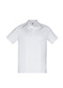 A white polo shirt with short sleeves and a subtle logo on the front.