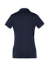A navy women's short sleeve polo shirt with a classic collar, featuring a logo on the front.