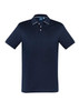A navy blue short sleeve polo shirt with a collar and three buttons, featuring a logo on the chest.