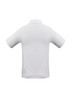 A white short sleeve polo shirt with a collar and a logo on the back.