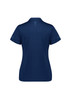 A women's short sleeve polo shirt in navy blue with a subtle logo and dotted design on the shoulders.
