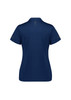 A women's short sleeve polo shirt in navy blue, featuring a logo and decorative detailing on the sleeves.