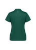 A women's short sleeve polo shirt in dark green, featuring a logo and decorative details on the sleeves.