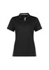 A black women's short sleeve polo shirt featuring a collar, button placket, and logo detail.