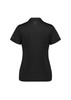 A black women's polo shirt with short sleeves and a logo, featuring a textured design on the back.