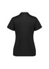 A black women's polo shirt with short sleeves, featuring a subtle logo and details on the back and sleeves.