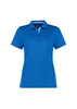 A blue women's short sleeve polo shirt with a collar and a logo. It features decorative detailing on the sleeves.