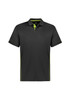 A black short sleeve polo shirt with lime green accents and a logo on the chest.