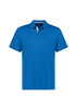 A blue men's short sleeve polo shirt with a collared neckline and a logo, featuring white detailing on the sides.