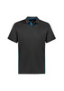 A black short sleeve polo shirt with turquoise accents and a logo on the chest.