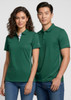 A pair of short sleeve polo shirts in green, featuring a subtle logo, displayed on male and female models.