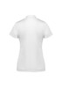 A white short sleeve polo shirt with a collar, featuring a logo on the back.