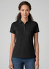 A black women's short sleeve polo shirt with a collar, featuring a logo on the chest. Model is wearing jeans.