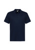 A navy blue men's short sleeve polo shirt with a three-button placket and a logo on the chest.