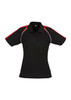 A black polo shirt with red accents and a logo on the chest. Short sleeves and a classic collar design.