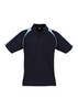A men's polo shirt in navy blue with light blue accents and a logo on the chest.