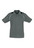 A grey men's polo shirt with black accents on the shoulders and a three-button placket. It features a logo on the chest.
