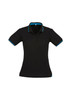 A black women's short sleeve polo shirt featuring blue accents and a collar design. It has a logo on the chest.