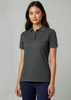A grey women's short sleeve polo shirt featuring contrasting trim and a logo on the chest.