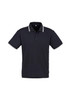 A black short sleeve polo shirt with contrasting white trim and a collar, featuring a logo.