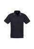 A black short sleeve polo shirt features contrasting striped detailing on the collar and sleeves, and includes a logo.