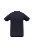 A short-sleeve polo shirt in navy blue with contrasting trim and a logo on the chest.