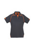 A women's short sleeve polo shirt in dark grey with orange accents, featuring a logo.