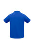 A blue men's short sleeve polo shirt featuring a simple design and a collar, with a logo on the back.