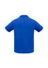 A blue men's short sleeve polo shirt featuring a simple design and a collar, with a logo on the back.