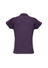 A women's short sleeve polo shirt in purple with contrasting black trim and a logo.
