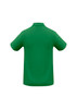 A green men's polo shirt with a collar and short sleeves, featuring a logo on the back.