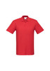 A red short sleeve polo shirt featuring a collar and a logo on the chest.