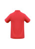 A red polo shirt with a collar and short sleeves. The back features a logo.