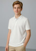 A white short sleeve polo shirt for kids, featuring a collar and a logo. Casual and versatile design.