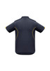 A dark grey polo shirt featuring yellow accents and a branding logo on the back. Short sleeves included.