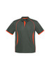 A grey polo shirt with orange accents, featuring short sleeves and a collar, and includes a logo.