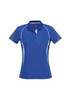 A women's short sleeve polo shirt in blue with white accents and a logo on the chest area.