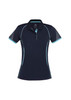 A women's short sleeve polo shirt in navy blue with light blue accents and a branding logo on the collar.